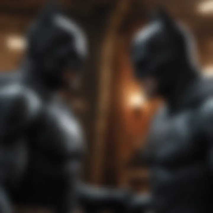 A dramatic scene depicting the conflict between Batman and a major antagonist.