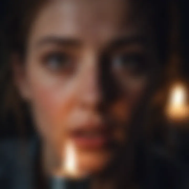 Close-up of a frightened face illuminated by candlelight