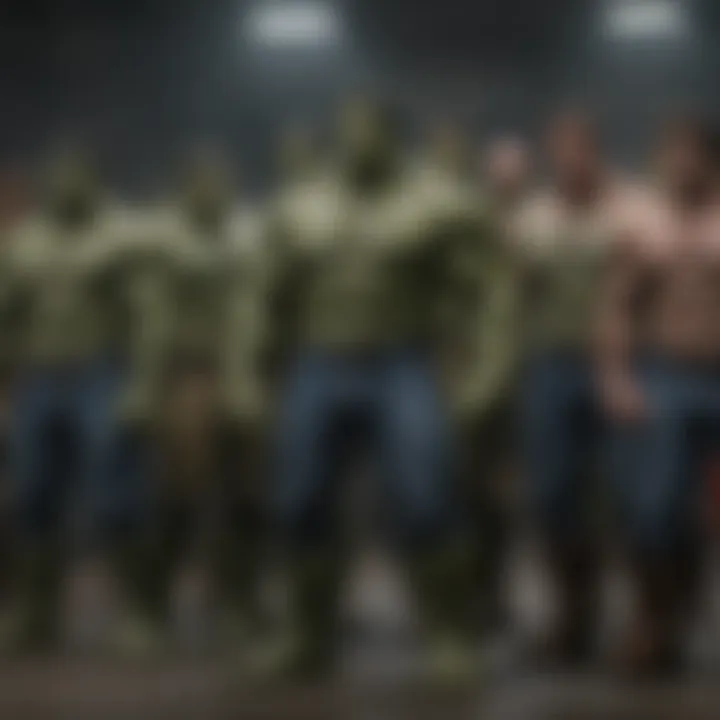 A variety of Hulk costumes laid out for comparison