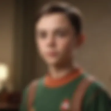 A young boy with a thoughtful expression, embodying Sheldon Cooper's character.