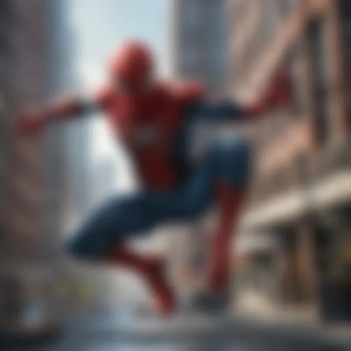 Concept art featuring Spider-Man swinging through an urban landscape