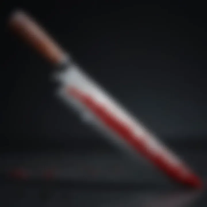 Close-up of a blood-stained knife against a dark background