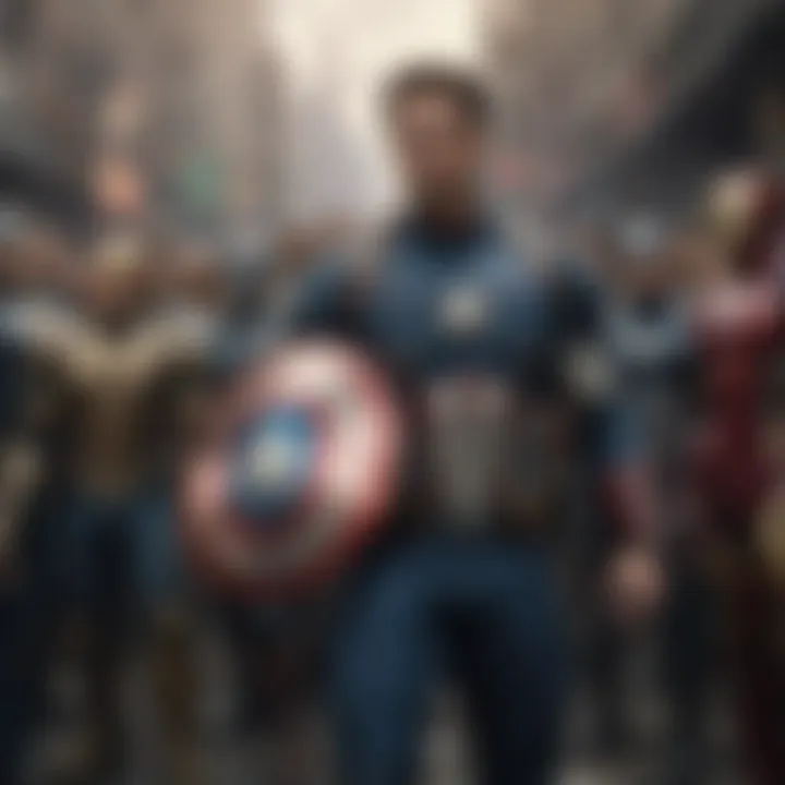 Avengers characters standing strong against the backdrop of humanity