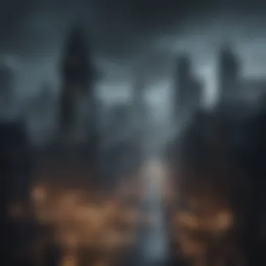 City of Shadows Gotham City skyline shrouded in mist and darkness