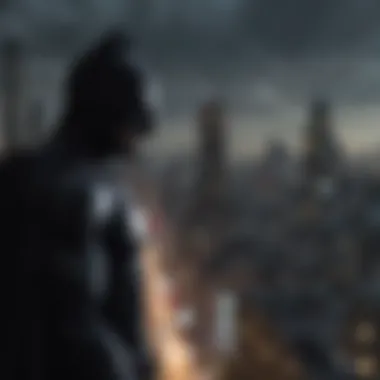 Dark silhouette of Batman overlooking the city