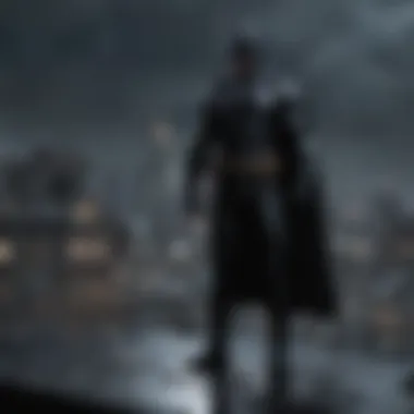 Dark silhouette of Batman standing on a rainy rooftop