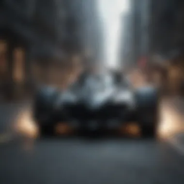 Explosive action scene with the Batmobile racing through Gotham streets