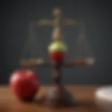 Surrealistic depiction of a scale balancing a gavel and an Apple logo