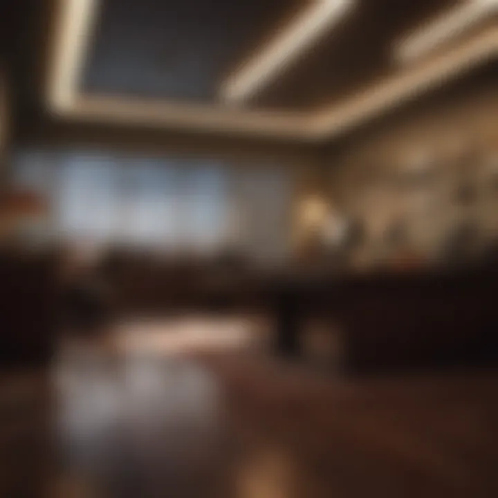 An intriguing shot of a darkened office with a flickering light.