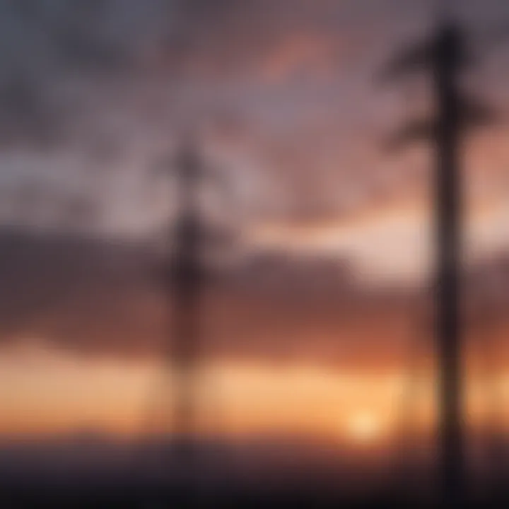 Cable network transmission tower at sunset