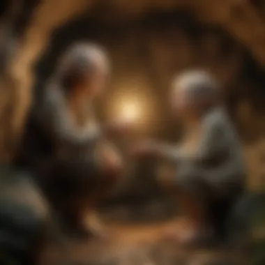 An illustration depicting the iconic meeting between Bilbo Baggins and Gollum in the dark cave.