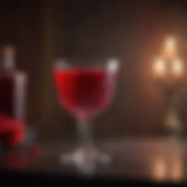 Blood-red drink in a crystal goblet with a faint reflection of fangs