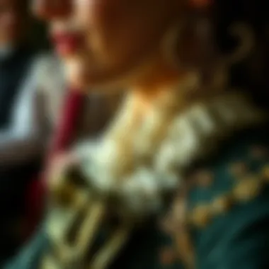Intricacies of Period Fashion Close-up of a character's intricate attire highlighting the fashion trends of the period.