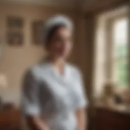 A vintage scene depicting a midwife in a London home during the 1960s.