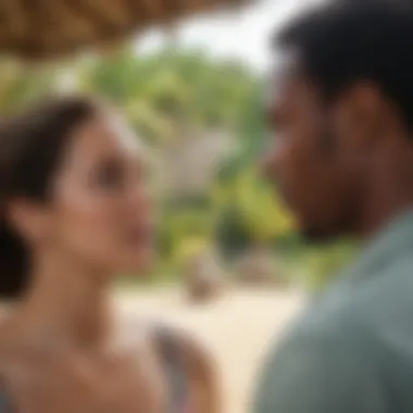 Cast members engaged in intense dialogue under the Caribbean sun