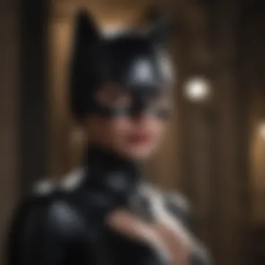 Feline Femme Fatale Mysterious Catwoman in sleek black costume amidst shadows