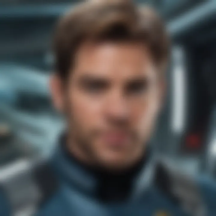 Close-up of futuristic starship with Chris Pine in command