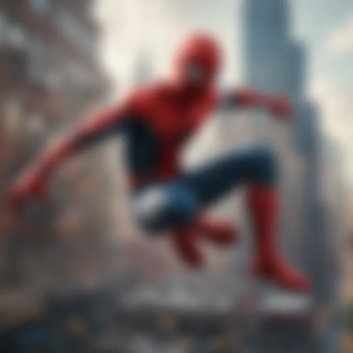 Dynamic Hero Swinging Across Cityscape