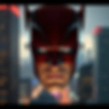 A close-up of Daredevil's iconic mask and city backdrop
