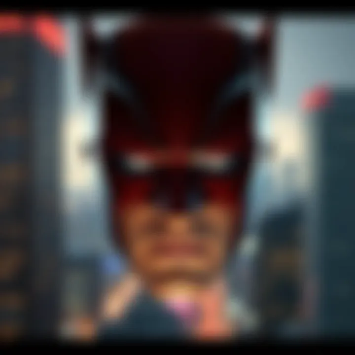 A close-up of Daredevil's iconic mask and city backdrop