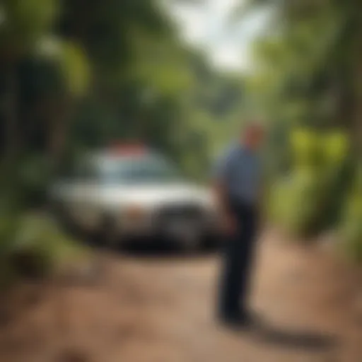 Detective investigating a crime scene with tropical backdrop