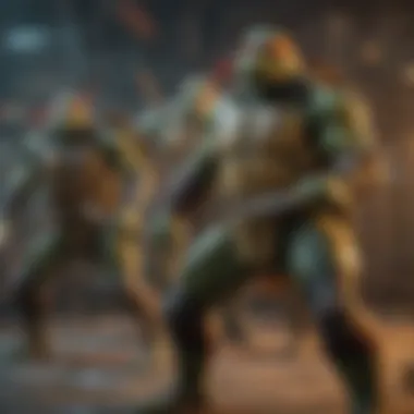 Epic battle scene between the ninja turtles and their arch-enemy