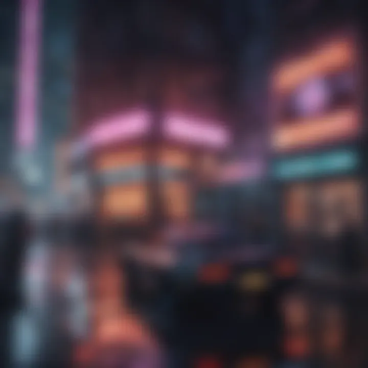 Cyberpunk neon cityscape game setting