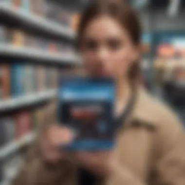 A close-up of a shopper holding a Blu-ray with a sale tag during Black Friday