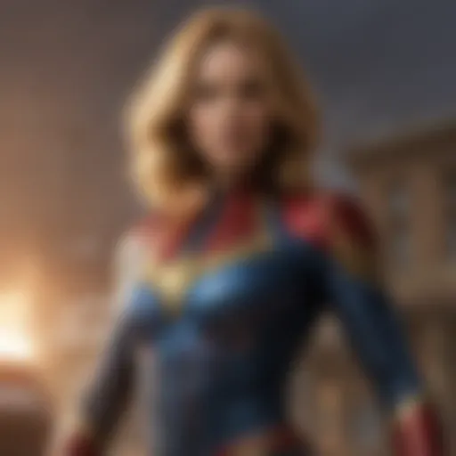 A dynamic scene showcasing Captain Marvel in action, emphasizing her power and determination.