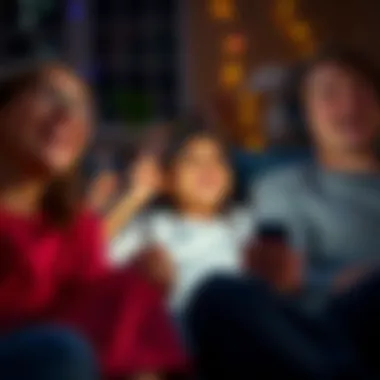 A vibrant movie night scene showcasing a family laughing at a comedy film on Apple TV.