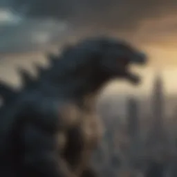 A dramatic scene showcasing Godzilla towering over a cityscape.