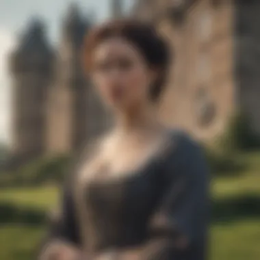 Mysterious woman in period costume standing by a Scottish castle