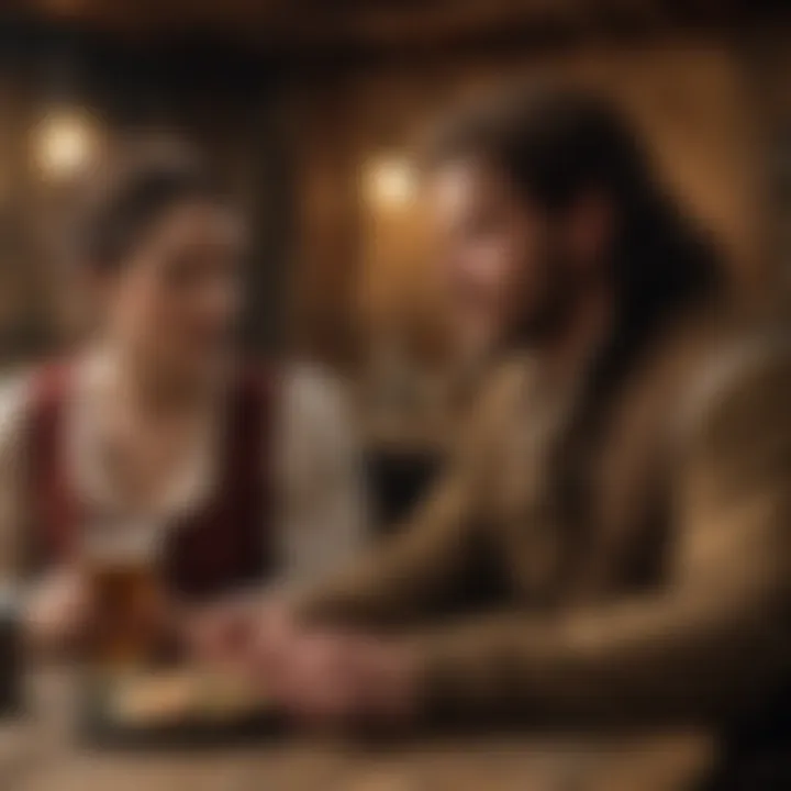 Two characters engaged in a heated conversation in a rustic tavern