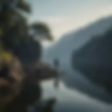 A silhouette of a figure standing on a cliff overlooking a vast, serene lake