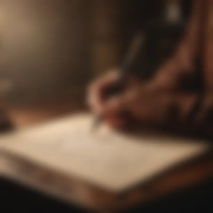 A woman with a quill pen writing a heartfelt letter