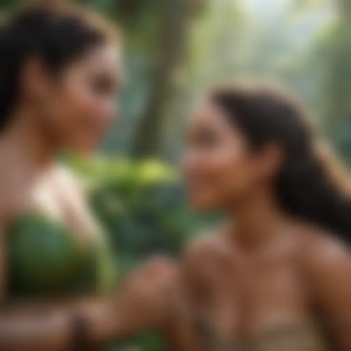 Moana and Te Fiti interacting in a magical moment