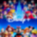 A vibrant illustration of Disney Plus logo with various iconic characters in the background