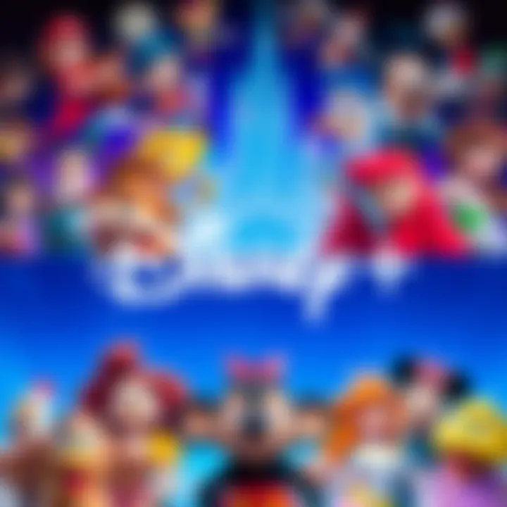 A vibrant illustration of Disney Plus logo with various iconic characters in the background