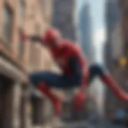 Spiderman swinging through the city