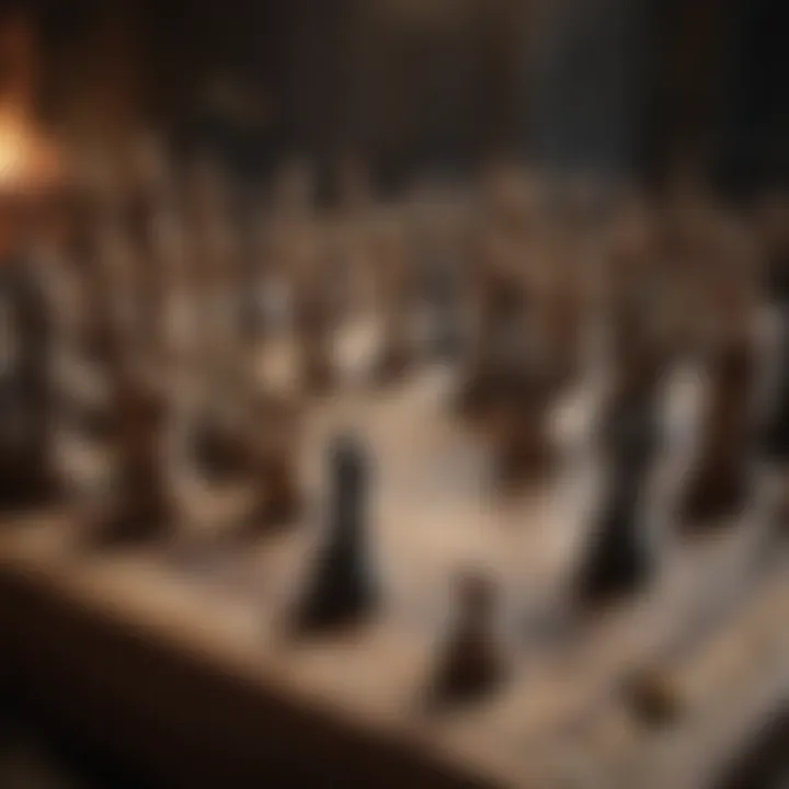 A chess match in progress featuring the Lord of the Rings chess set