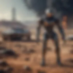 A futuristic battlefield showcasing advanced technology and alien creatures.