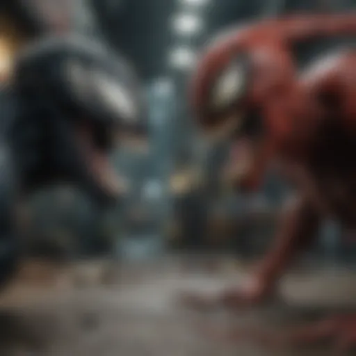 A dramatic scene showcasing the fierce confrontation between Venom and Carnage