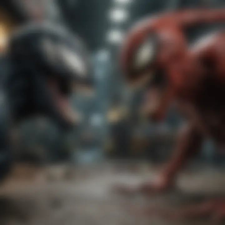 A dramatic scene showcasing the fierce confrontation between Venom and Carnage