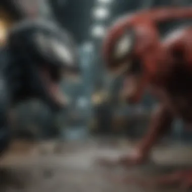 Venom vs. Carnage: The Ultimate Showdown A dramatic scene showcasing the fierce confrontation between Venom and Carnage
