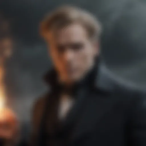 A powerful depiction of Grindelwald casting a spell with dark clouds swirling around him.