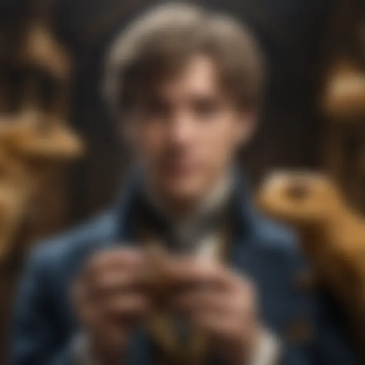 Newt Scamander in his unique attire, holding a magical creature with intrigue in his eyes.