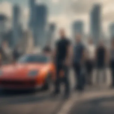 Cinematic Diversity Dynamic group shot of the diverse cast against a backdrop of city skyline