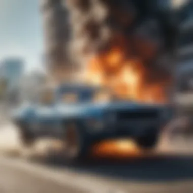 Explosive action scene with cars in mid-air jump during a high-speed chase