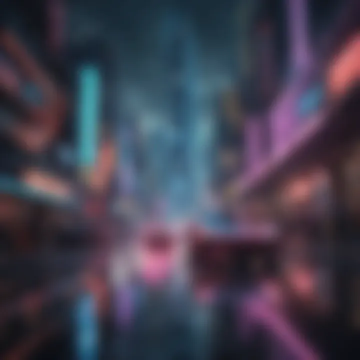 Abstract depiction of a futuristic cityscape with neon lights and flying cars