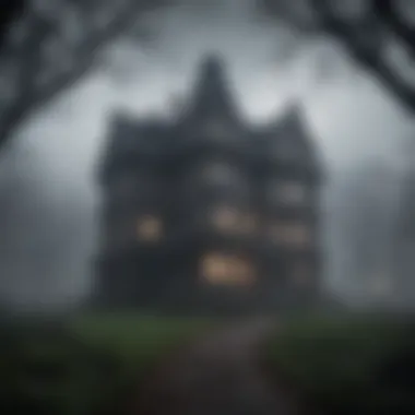 Gothic mansion engulfed in haunting mist